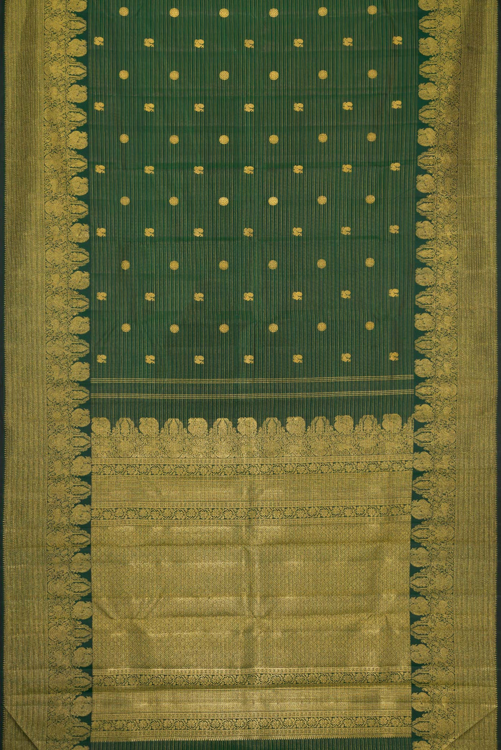 Flat view of Green Dual Tone Kanchipuram Silk Saree with Zari Butta on the body and Zari Border. 