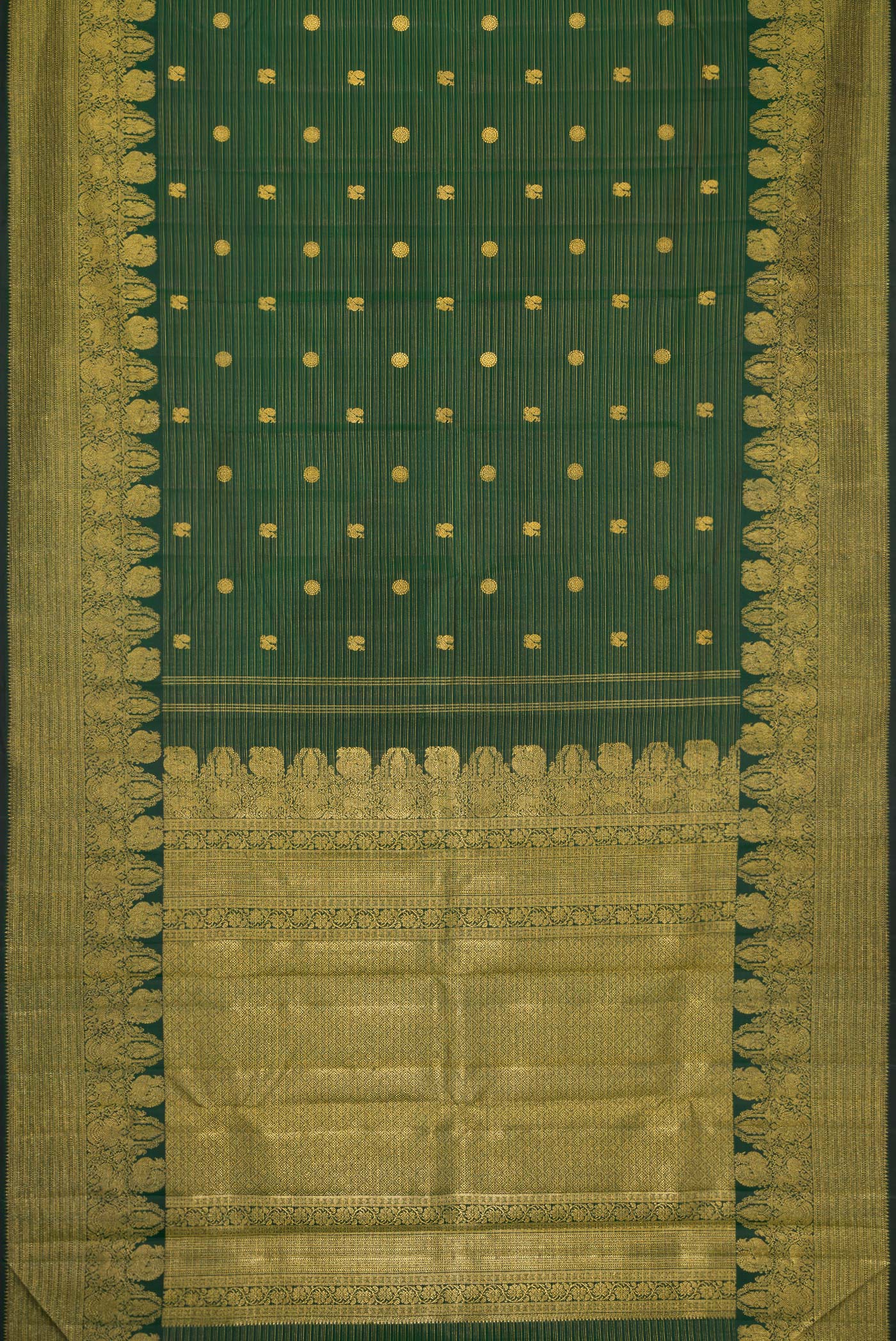 Flat view of Green Dual Tone Kanchipuram Silk Saree with Zari Butta on the body and Zari Border. 