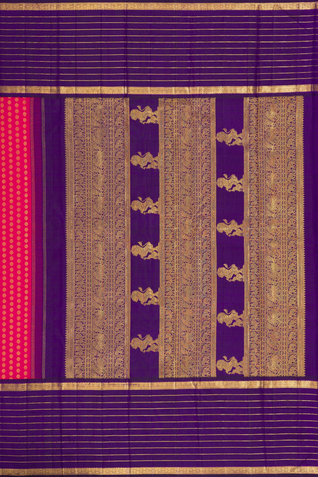 Close up image of the pallu of Pink Dual Tone Kanchipuram Silk Saree with Zari Butta on the body and Zari Border. 