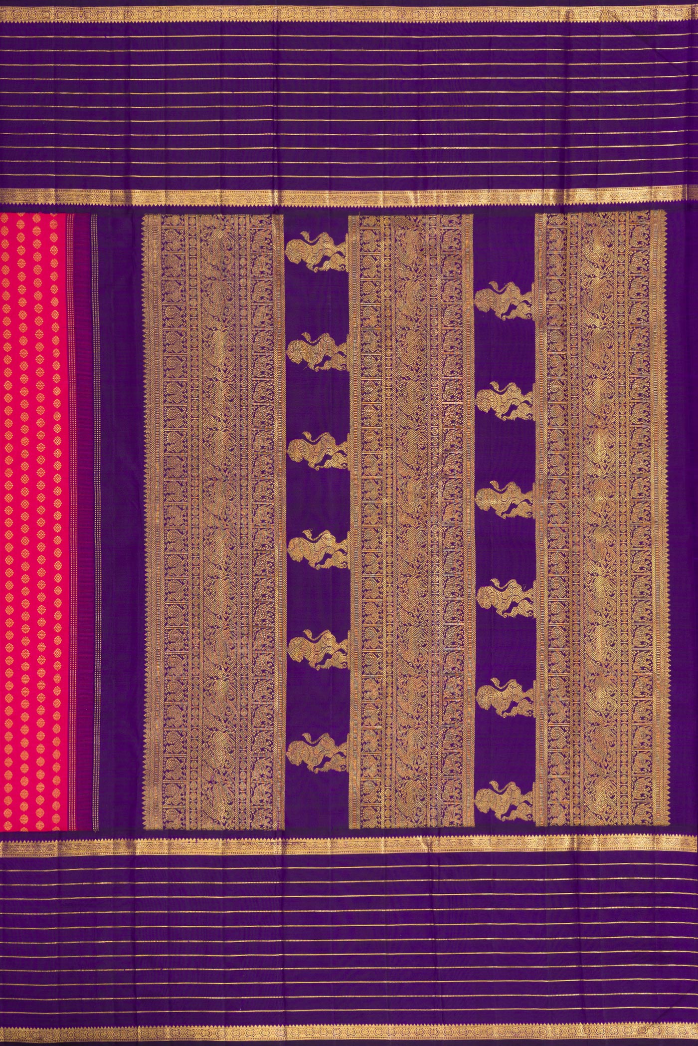 Close up image of the pallu of Pink Dual Tone Kanchipuram Silk Saree with Zari Butta on the body and Zari Border. 