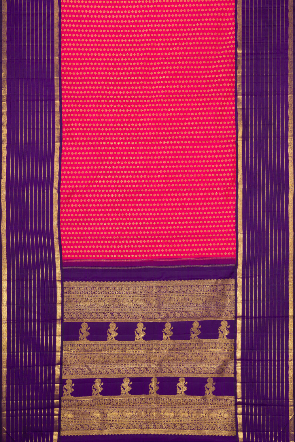 Flat view of Pink Dual Tone Kanchipuram Silk Saree with Zari Butta on the body and Zari Border. 