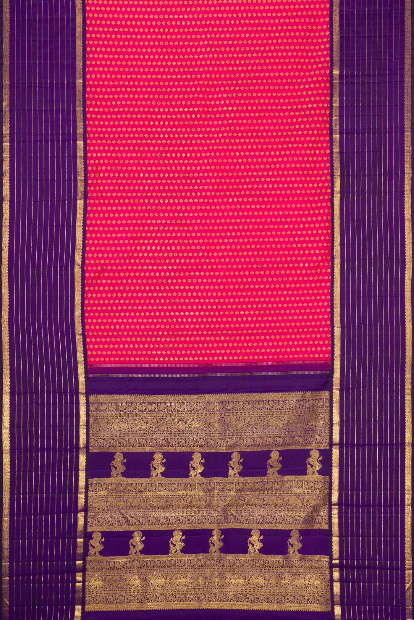 Flat view of Pink Dual Tone Kanchipuram Silk Saree with Zari Butta on the body and Zari Border. 