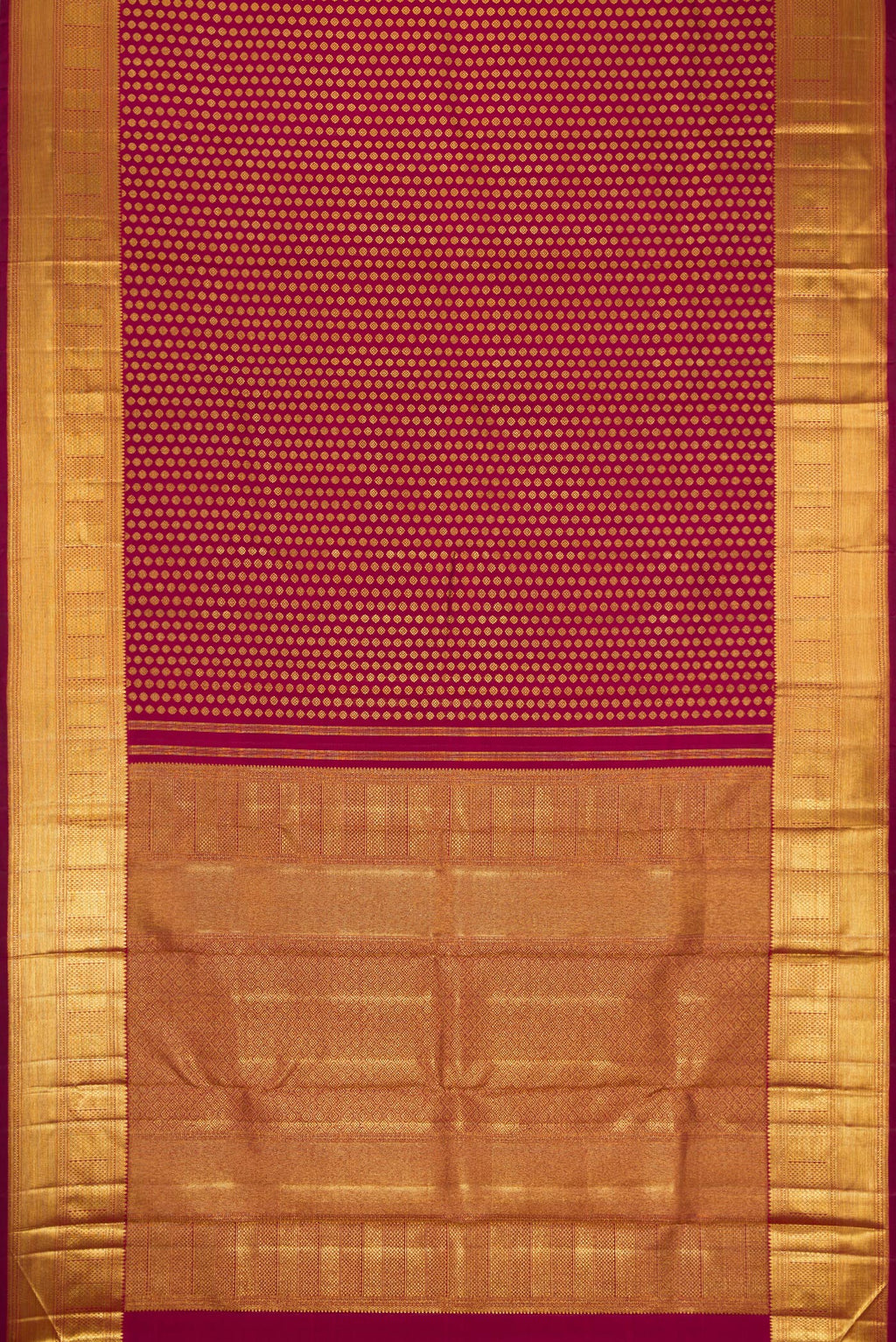 Flat view of Maroon Dual Tone Kanchipuram Silk Saree with Zari Brocade on the body and Zari Border. 