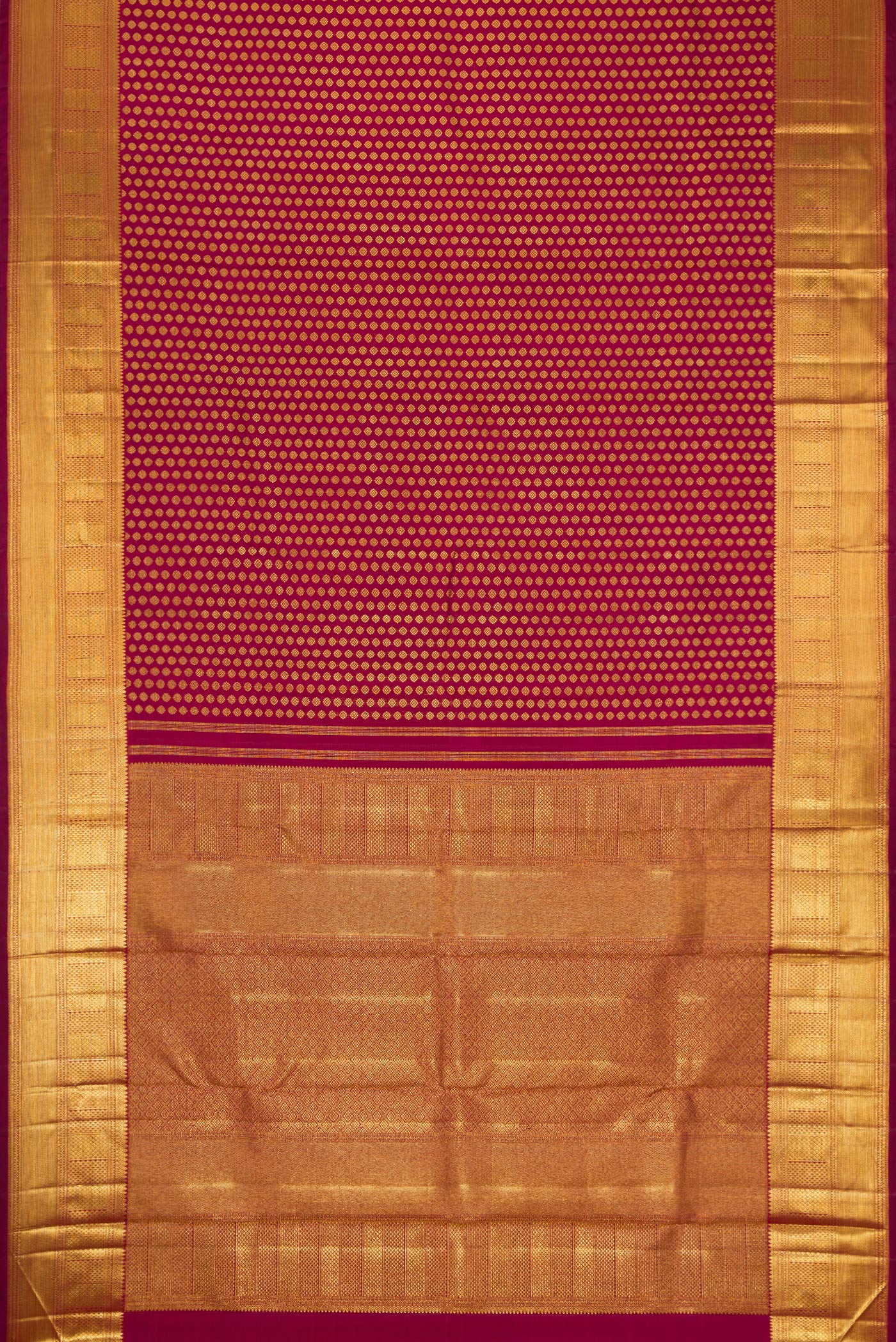 Flat view of Maroon Dual Tone Kanchipuram Silk Saree with Zari Brocade on the body and Zari Border. 