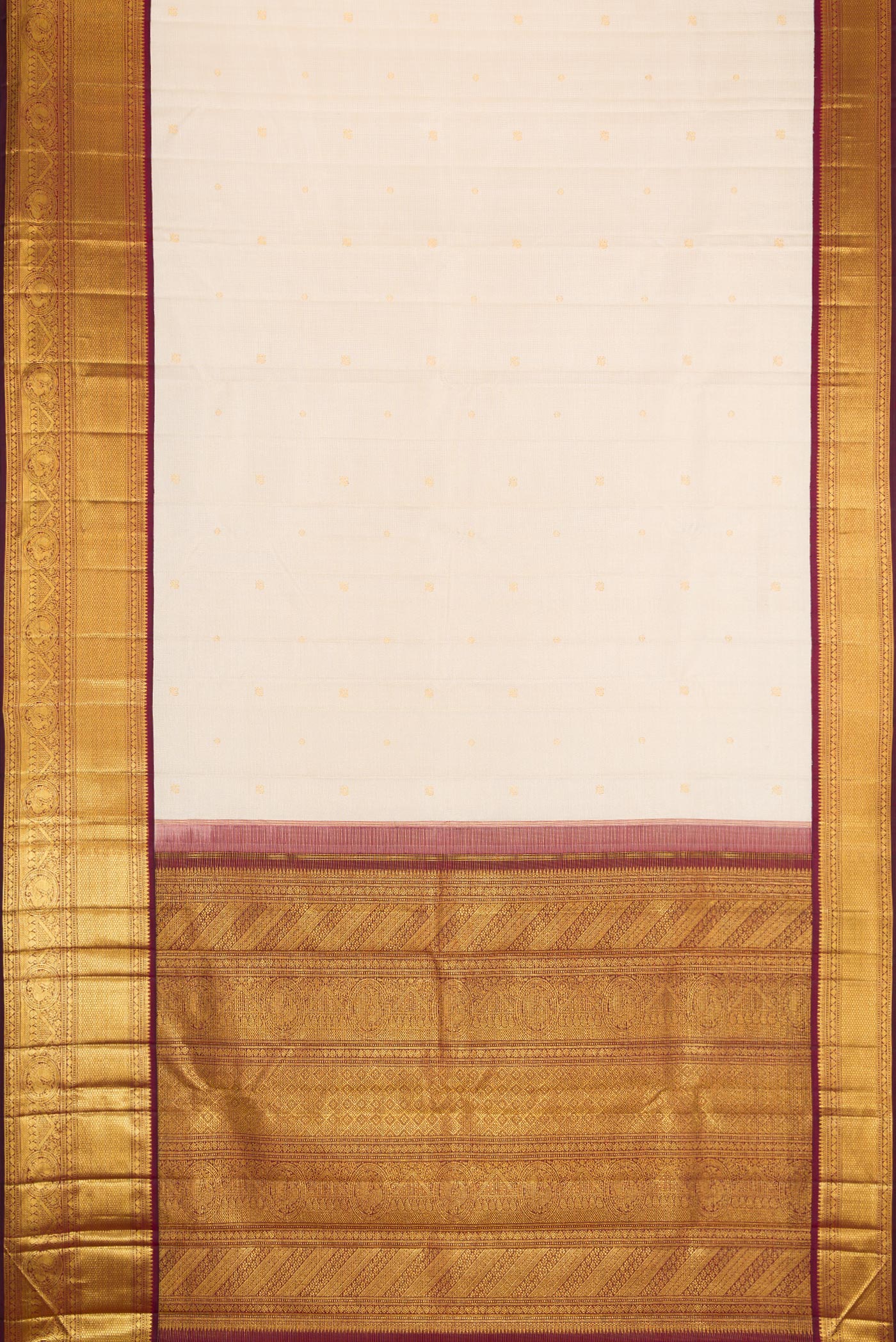Flat view of Beige Dual Tone Kanchipuram Silk Saree with Zari Butta on the body and Zari Border. 