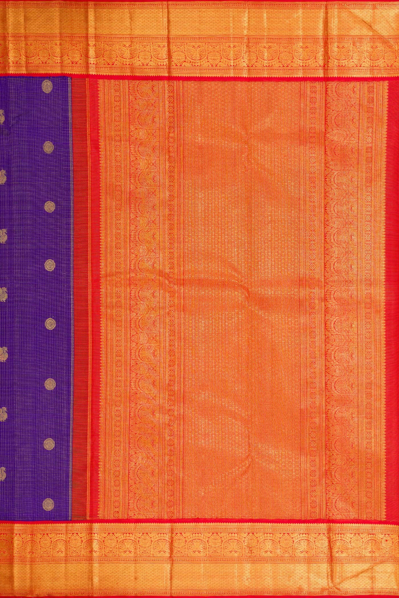 Close up image of the pallu of Royal Blue Dual Tone Kanchipuram Silk Saree with Checked design on the body and Zari Border. 