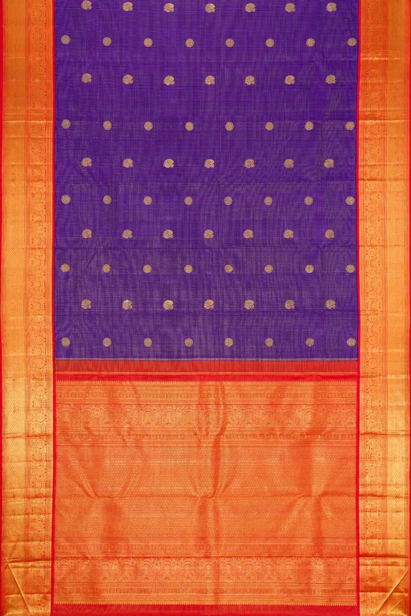 Flat view of Royal Blue Dual Tone Kanchipuram Silk Saree with Checked design on the body and Zari Border. 