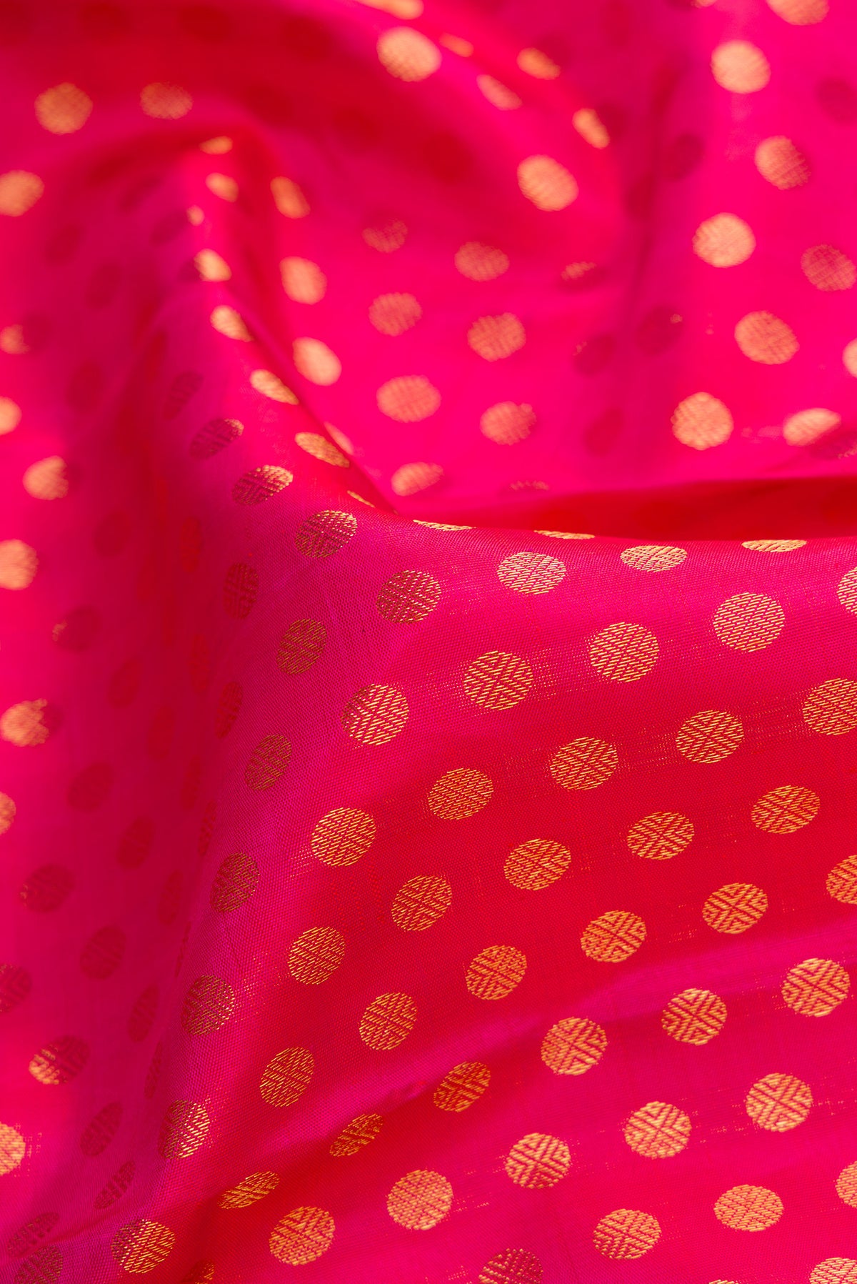 Close up of Pink Dual Tone Kanchipuram Silk Saree with Zari Butta on the body and Zari Border.  displaying folds