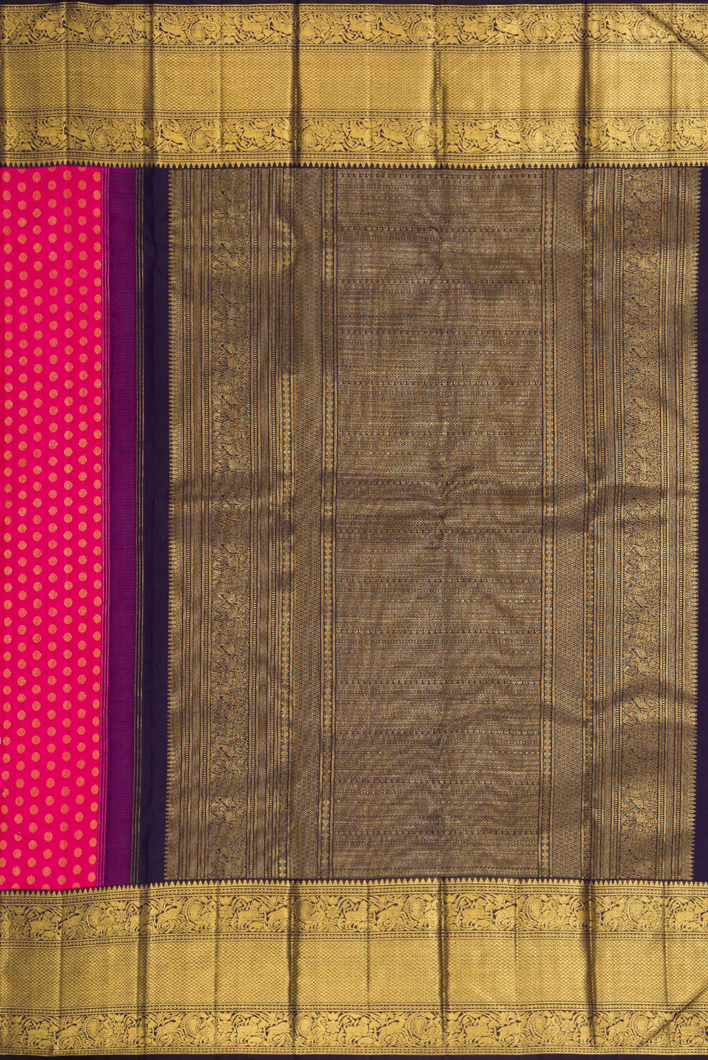 Close up image of the pallu of Pink Dual Tone Kanchipuram Silk Saree with Zari Butta on the body and Zari Border. 