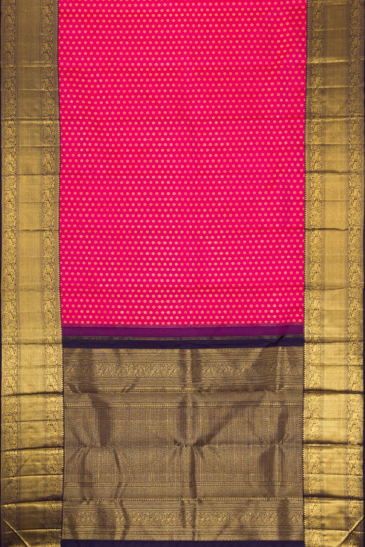 Flat view of Pink Dual Tone Kanchipuram Silk Saree with Zari Butta on the body and Zari Border. 
