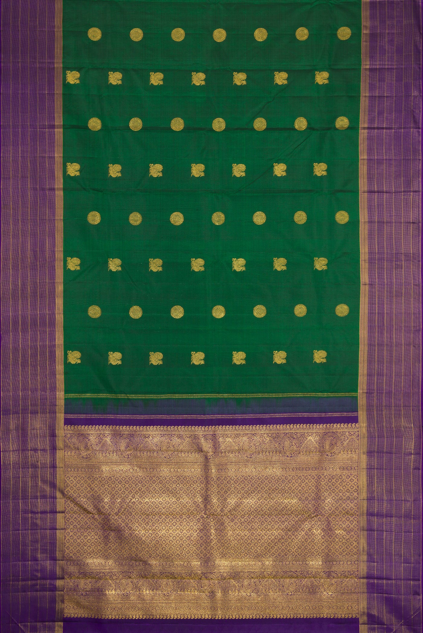 Flat view of Green Dual Tone Kanjivaram Silk Saree with Zari Butta on the body and Zari Border. 