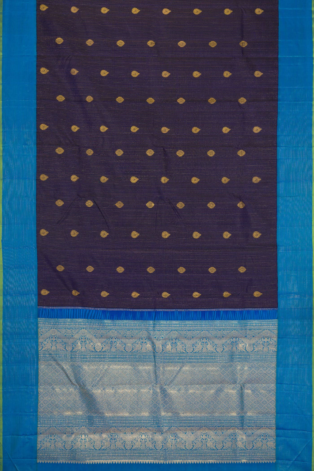 Flat view of Navy Blue Dual Tone Kanjivaram Silk Saree with Zari Butta on the body and Zari Border. 