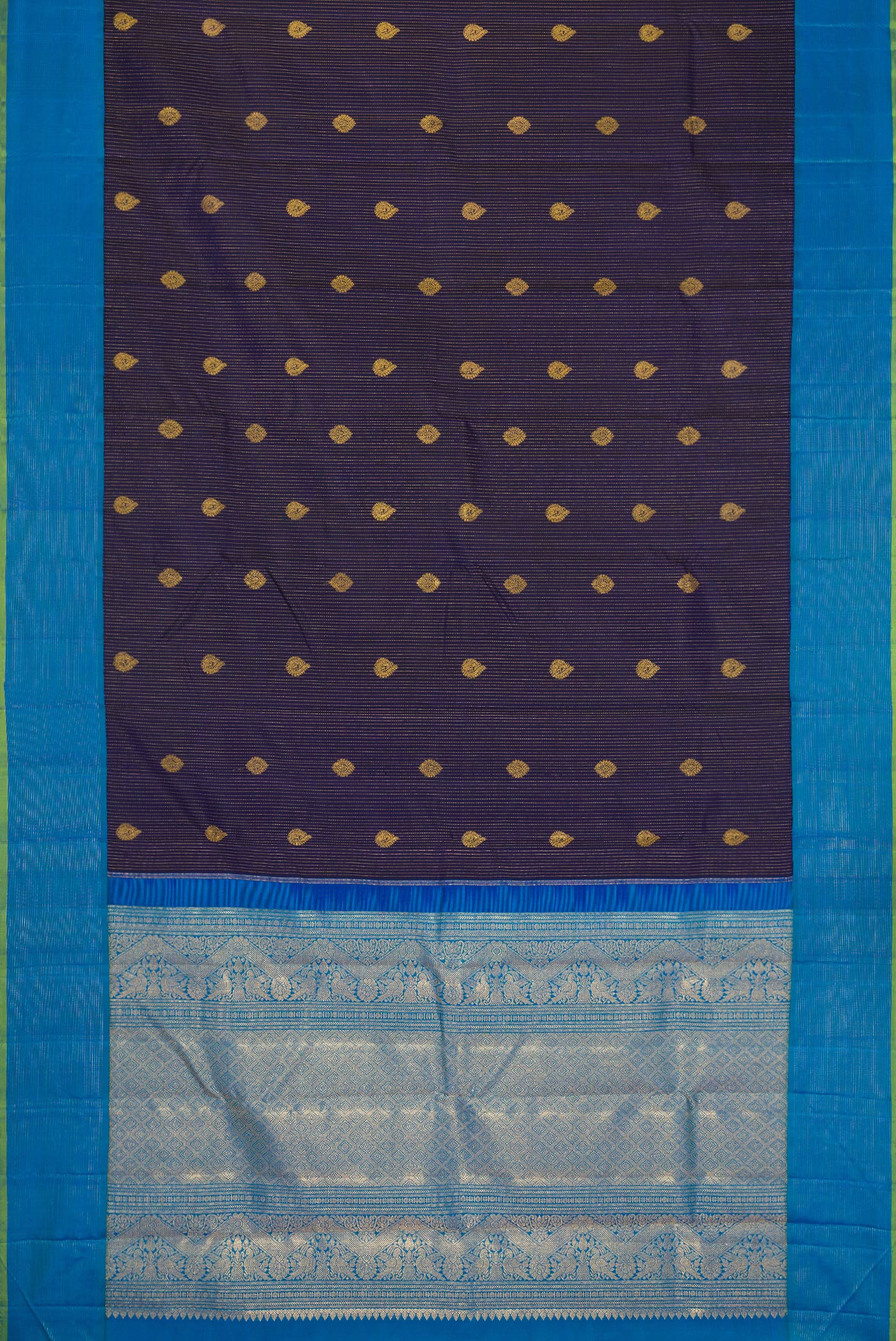 Flat view of Navy Blue Dual Tone Kanjivaram Silk Saree with Zari Butta on the body and Zari Border. 