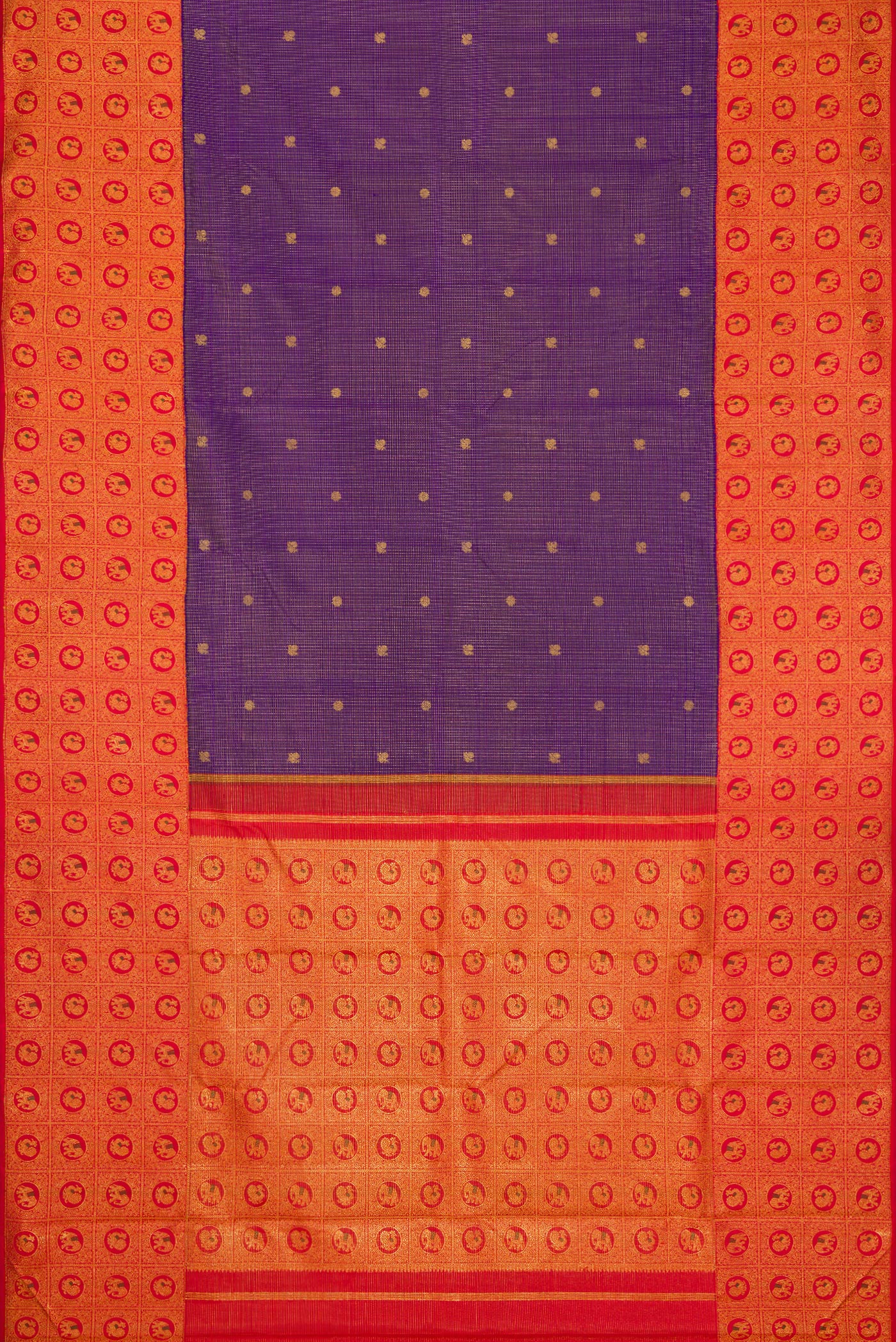 Flat view of Violet Dual Tone Kanchipuram Silk Saree with Zari Butta on the body and Zari Border. 
