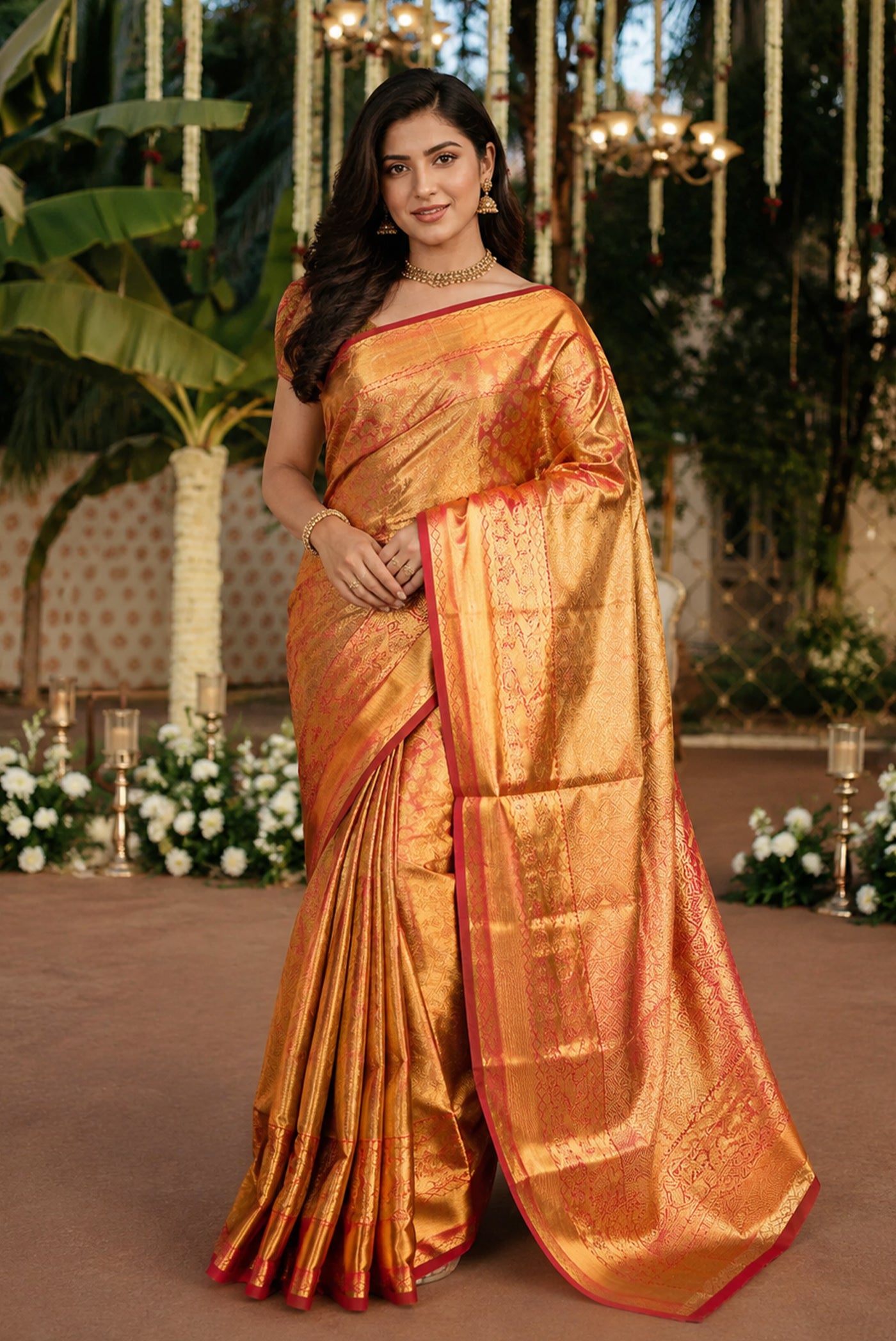 Model wearing a Gold with Pink Color Kanchipuram Tissue Silk Saree with Zari Brocade on the body and Zari Border.
