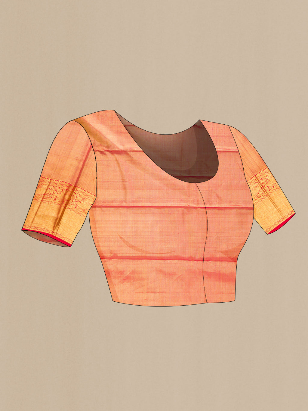 Close up image of the blouse of Dark Pink Dual Tone Kanchipuram Tissue Silk Saree with Zari Brocade on the body and Zari Border. 