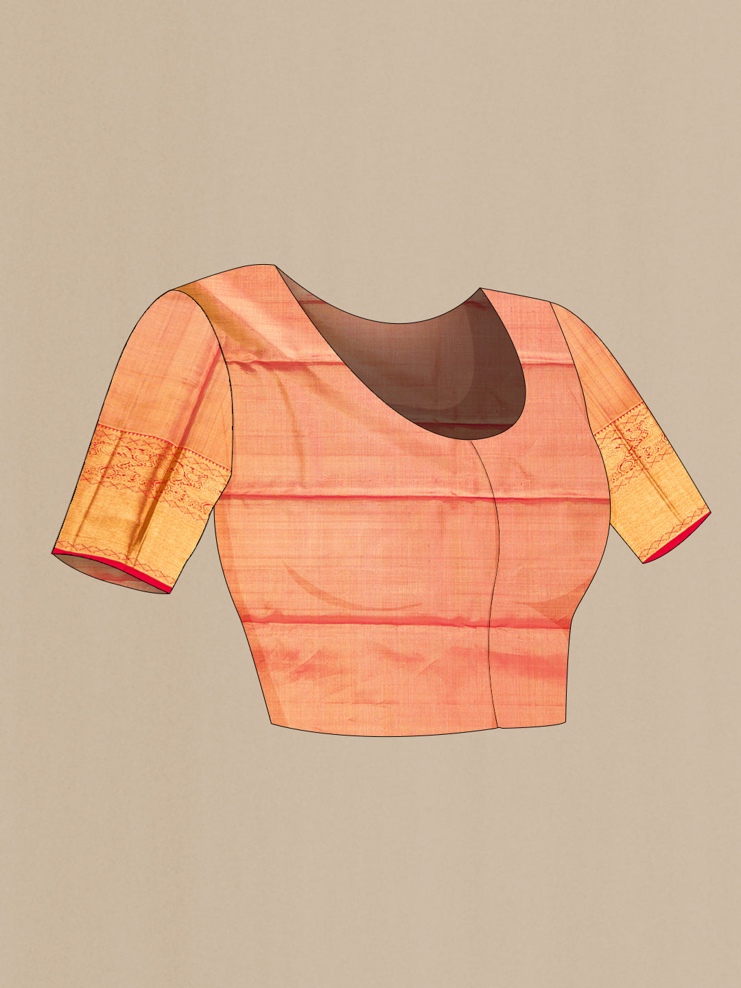 Close up image of the blouse of Dark Pink Dual Tone Kanchipuram Tissue Silk Saree with Zari Brocade on the body and Zari Border. 