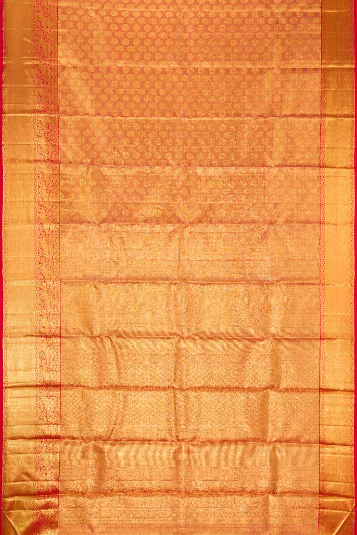 Flat view of Dark Pink Dual Tone Kanchipuram Tissue Silk Saree with Zari Brocade on the body and Zari Border. 