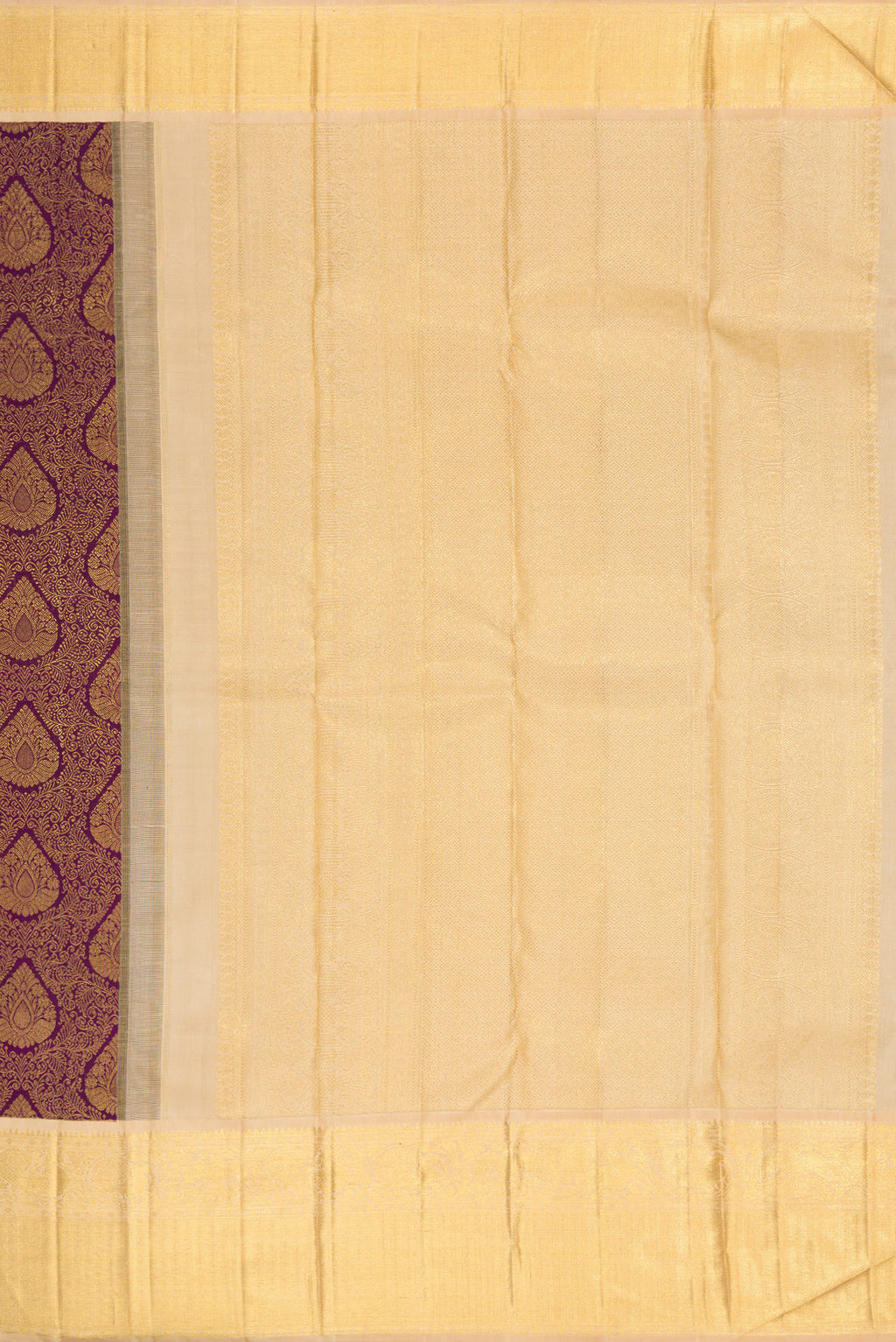 Close up image of the pallu of Burgundy Dual Tone Kanjivaram Silk Saree with Zari Brocade on the body and Zari Border. 