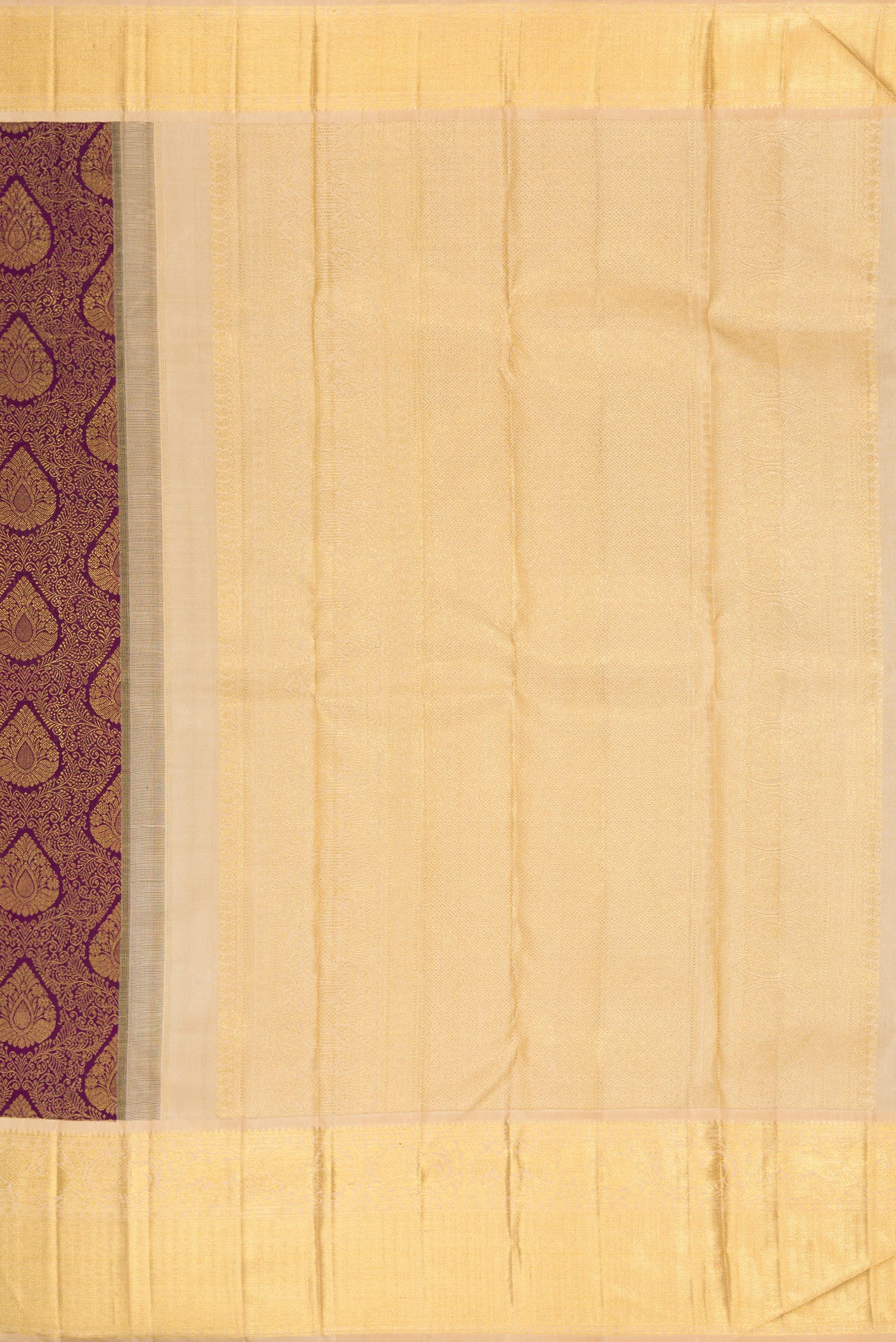Close up image of the pallu of Burgundy Dual Tone Kanjivaram Silk Saree with Zari Brocade on the body and Zari Border. 