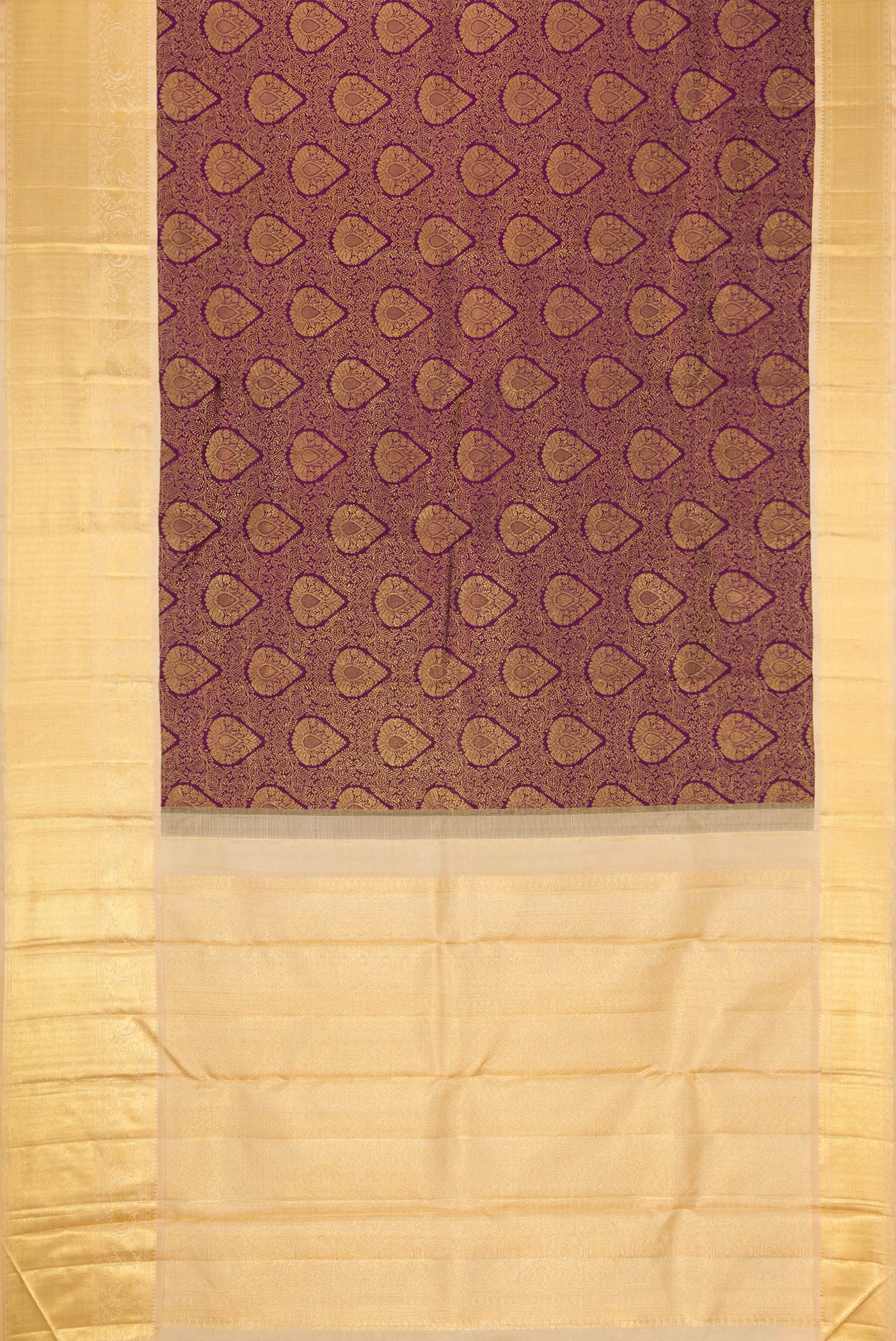 Flat view of Burgundy Dual Tone Kanjivaram Silk Saree with Zari Brocade on the body and Zari Border. 
