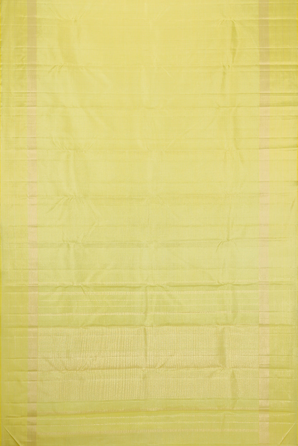 Flat view of Lemon Yellow Dual Tone Kanchipuram Silk Saree with Checked design on the body and Zari Border. 