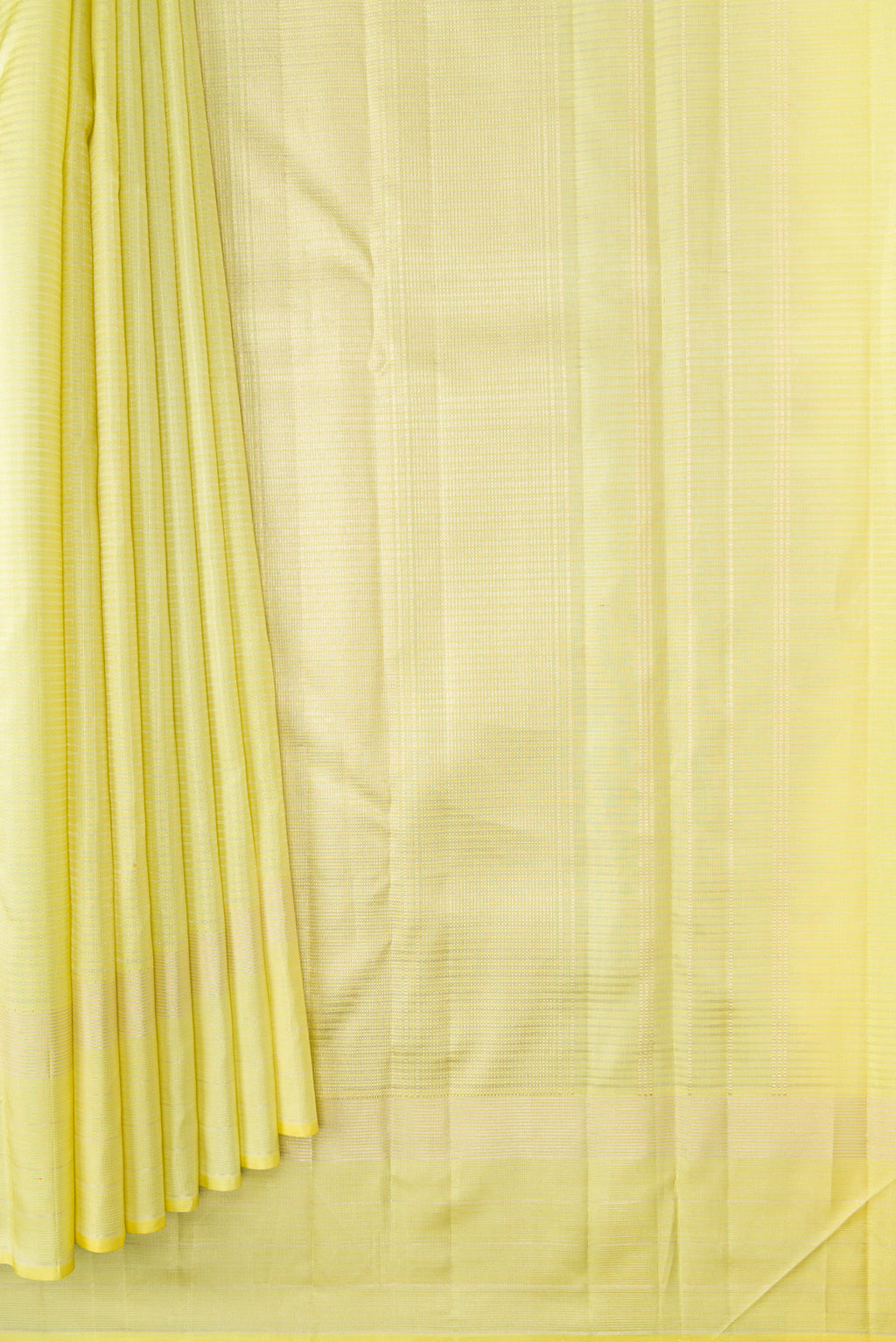 Pleats and pallu of Lemon Yellow Dual Tone Kanchipuram Silk Saree with Checked design on the body and Zari Border. 