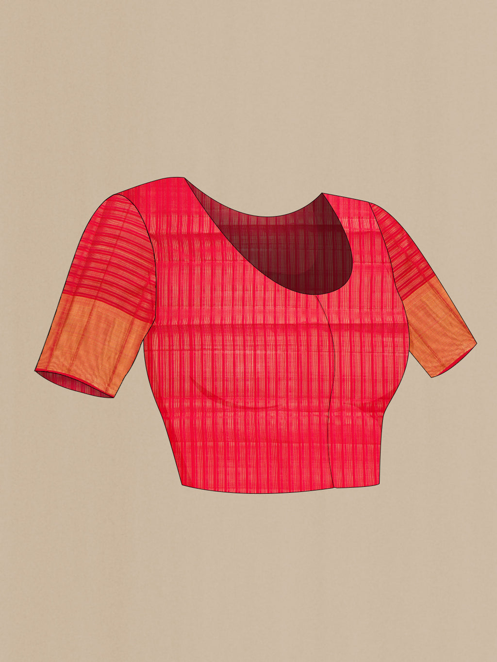 Close up image of the blouse of Red Dual Tone Kanjivaram Silk Saree with Checked design on the body and Zari Border. 