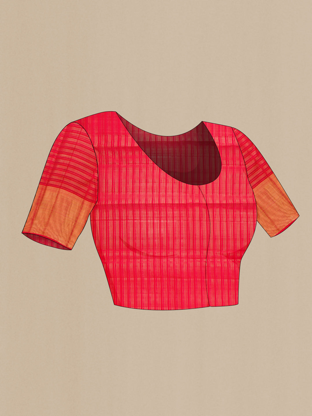 Close up image of the blouse of Red Dual Tone Kanjivaram Silk Saree with Checked design on the body and Zari Border. 