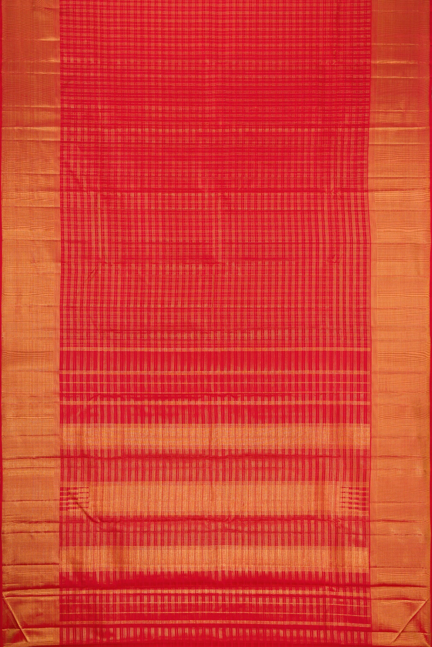 Flat view of Red Dual Tone Kanjivaram Silk Saree with Checked design on the body and Zari Border. 