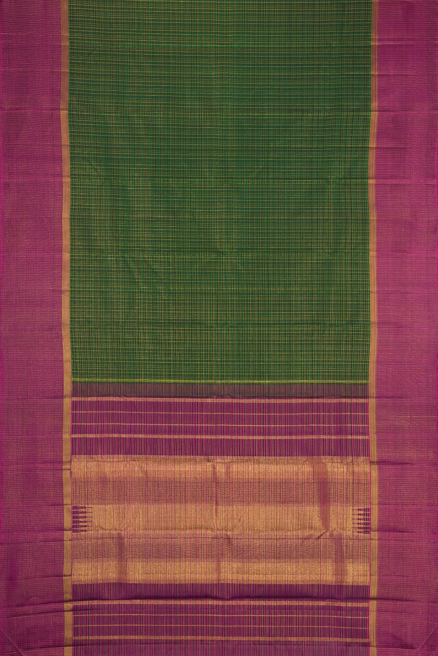 Flat view of Bottle Green Dual Tone Kanjivaram Silk Saree with Checked design on the body and Zari Border. 