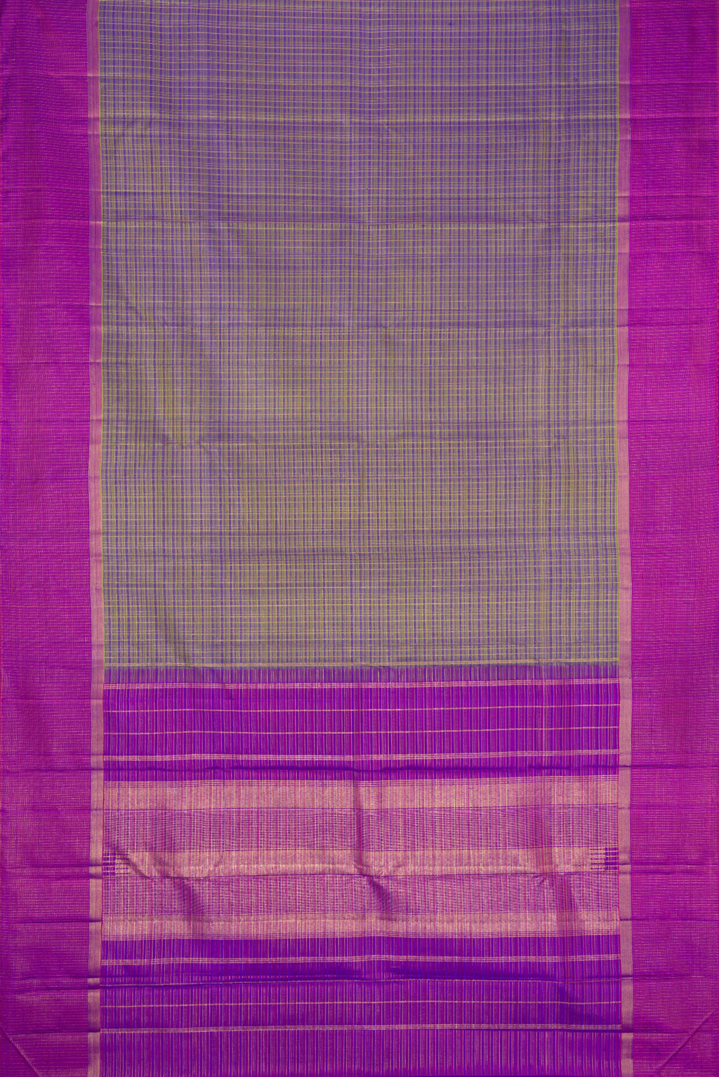 Flat view of Blue Dual Tone Kanjivaram Silk Saree with Checked design on the body and Zari Border. 