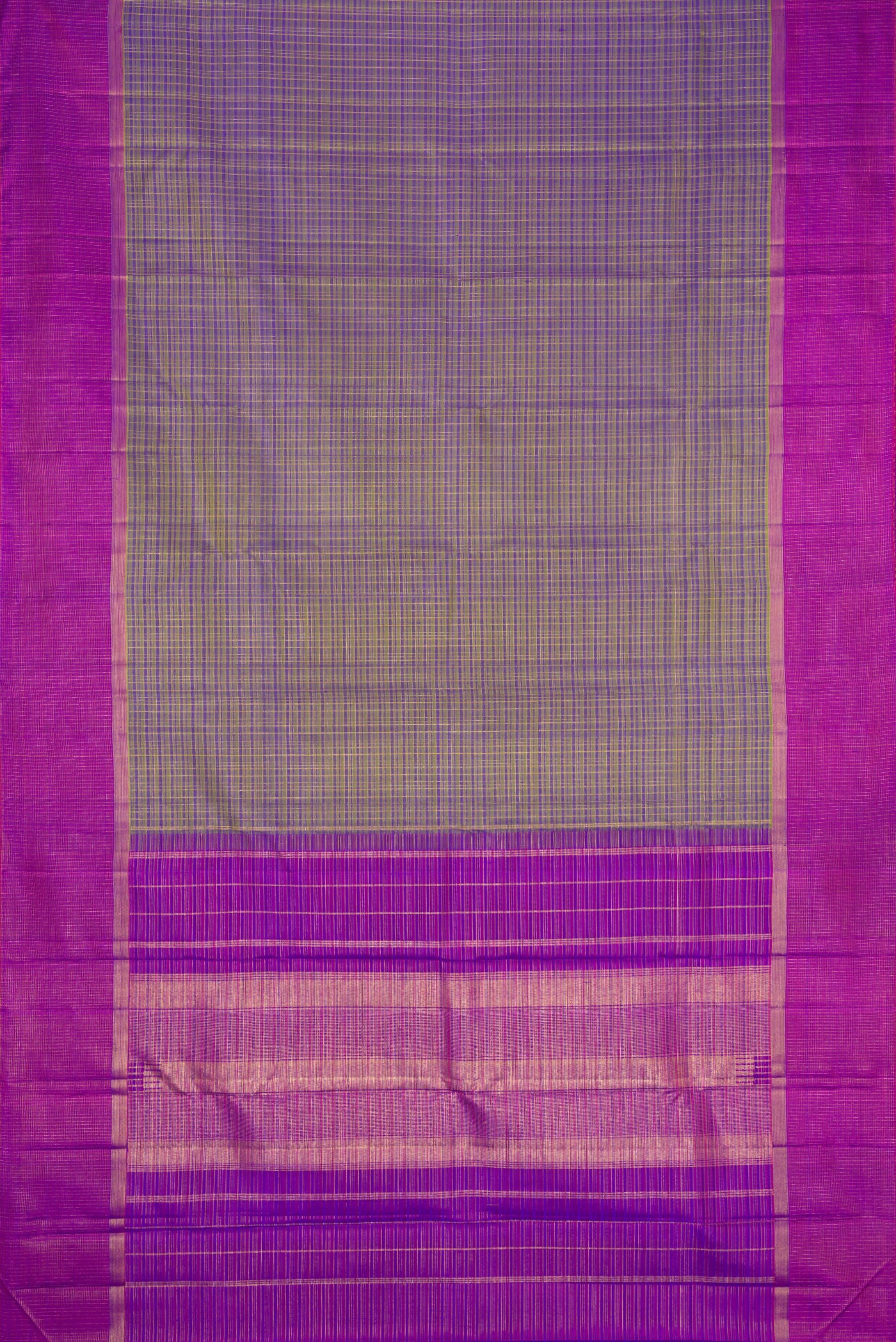 Flat view of Blue Dual Tone Kanjivaram Silk Saree with Checked design on the body and Zari Border. 