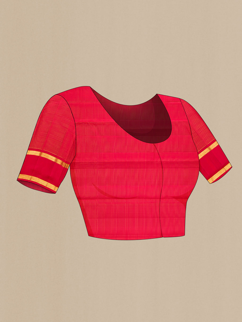 Close up image of the blouse of Pure Silk Deep Red Kanjivaram Saree with Checked design on the body and Zari Border. 