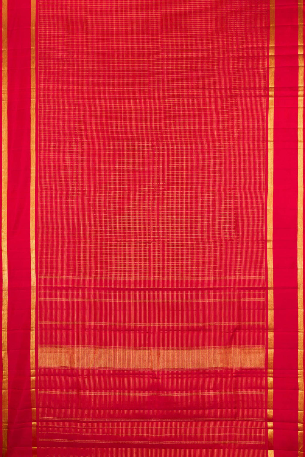 Flat view of Pure Silk Deep Red Kanjivaram Saree with Checked design on the body and Zari Border. 