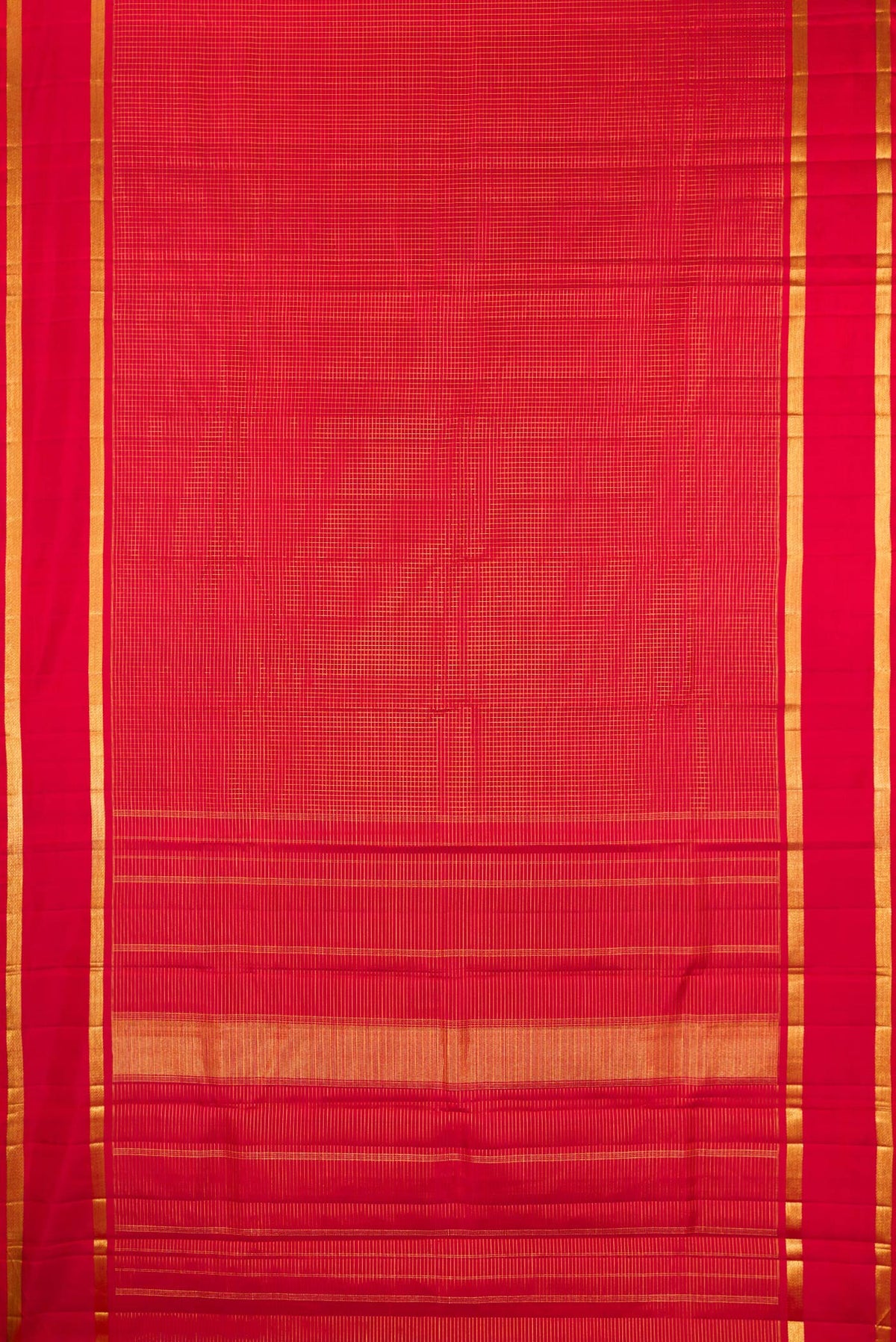 Flat view of Pure Silk Deep Red Kanjivaram Saree with Checked design on the body and Zari Border. 