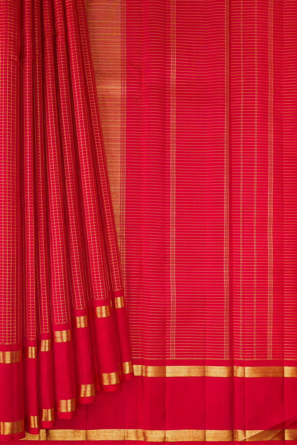 Pleats and pallu of Pure Silk Deep Red Kanjivaram Saree with Checked design on the body and Zari Border. 