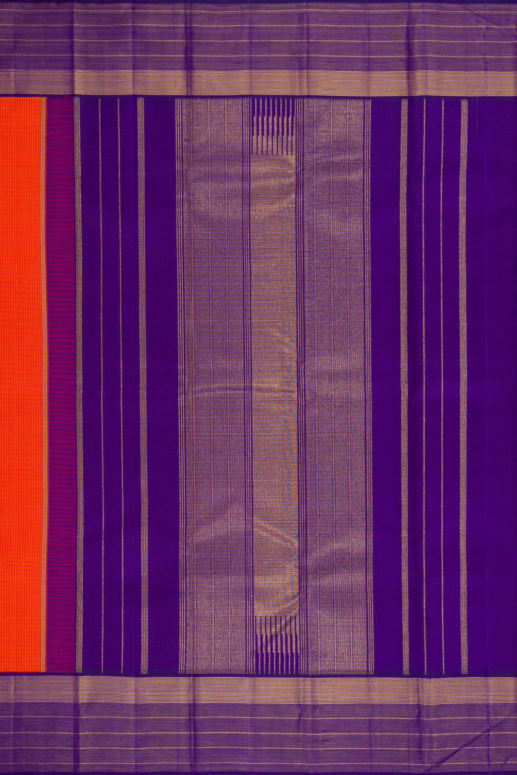 Close up image of the pallu of Pure Silk Pure Zari Orange Dual Tone Kanjivaram Saree with Checked design on the body and Zari Border. 