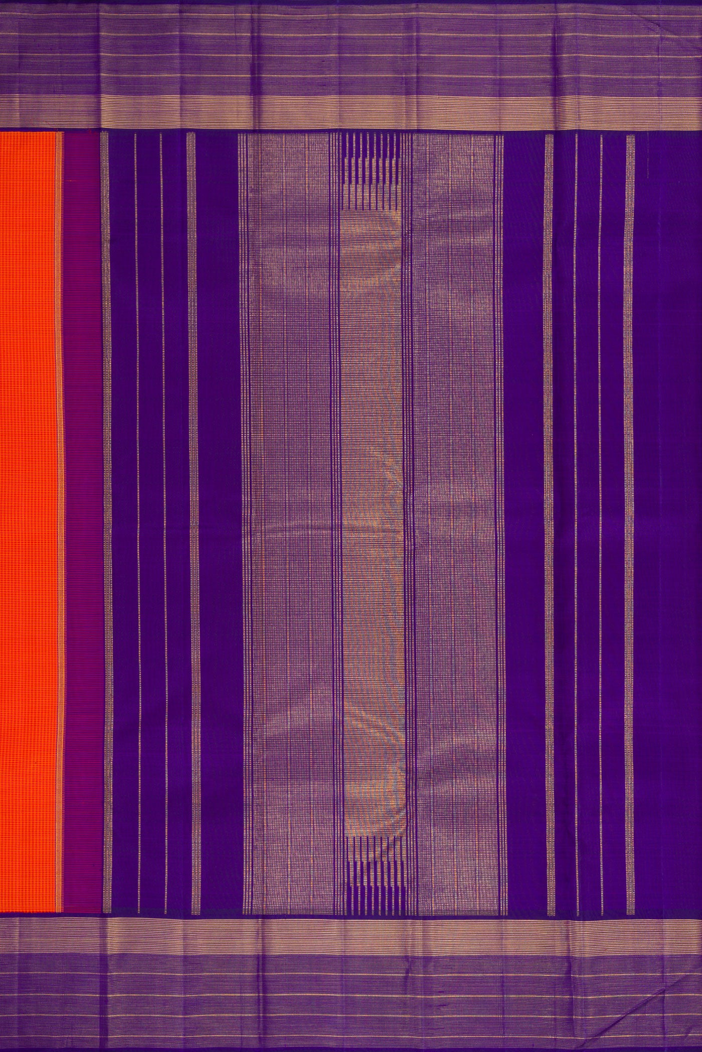 Close up image of the pallu of Pure Silk Pure Zari Orange Dual Tone Kanjivaram Saree with Checked design on the body and Zari Border. 