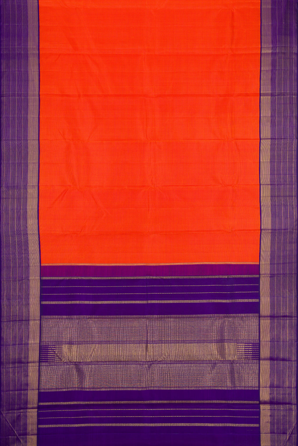 Flat view of Pure Silk Pure Zari Orange Dual Tone Kanjivaram Saree with Checked design on the body and Zari Border. 