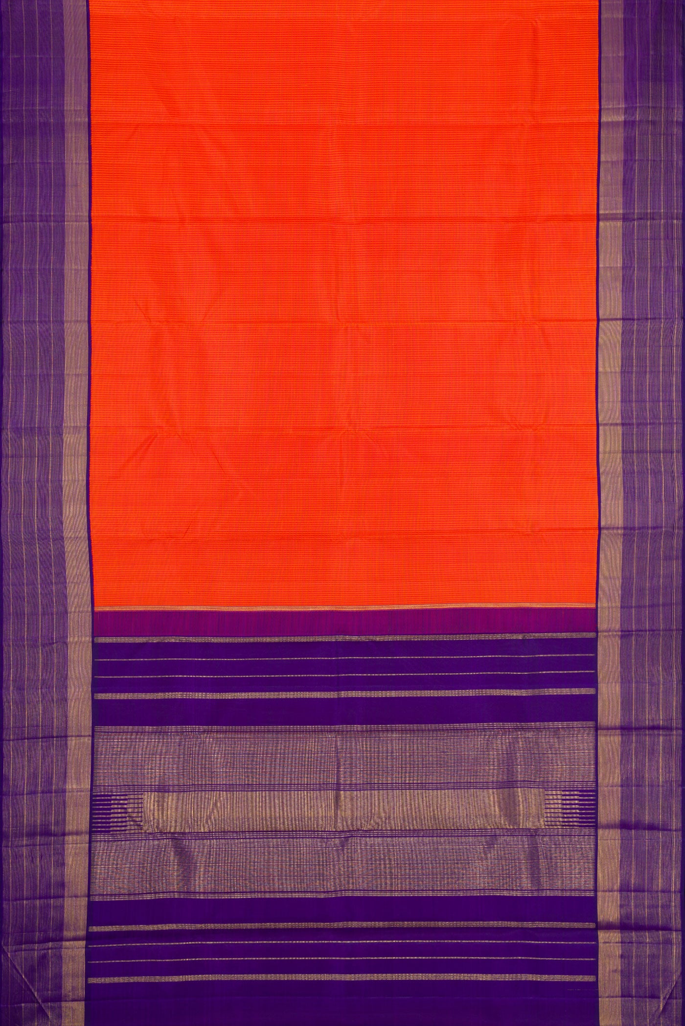 Flat view of Pure Silk Pure Zari Orange Dual Tone Kanjivaram Saree with Checked design on the body and Zari Border. 