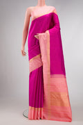 Purple Dual Tone Kanjivaram Silk Saree with Stripes on the body and Zari Border.  displayed on a mannequin