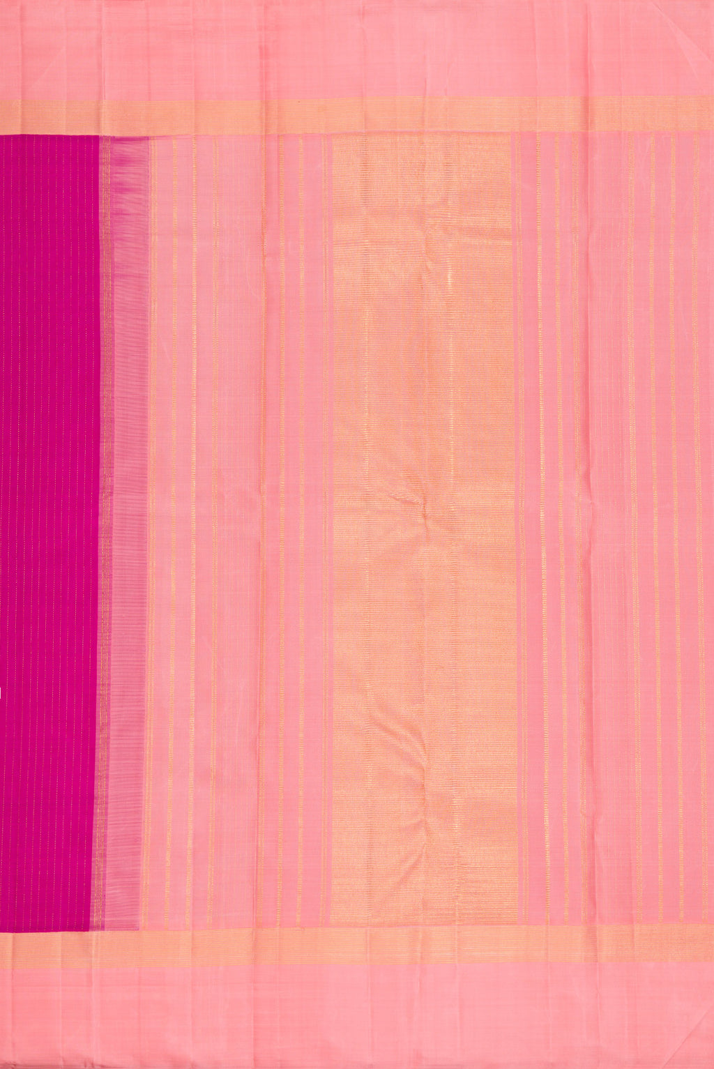 Close up image of the pallu of Purple Dual Tone Kanjivaram Silk Saree with Stripes on the body and Zari Border. 