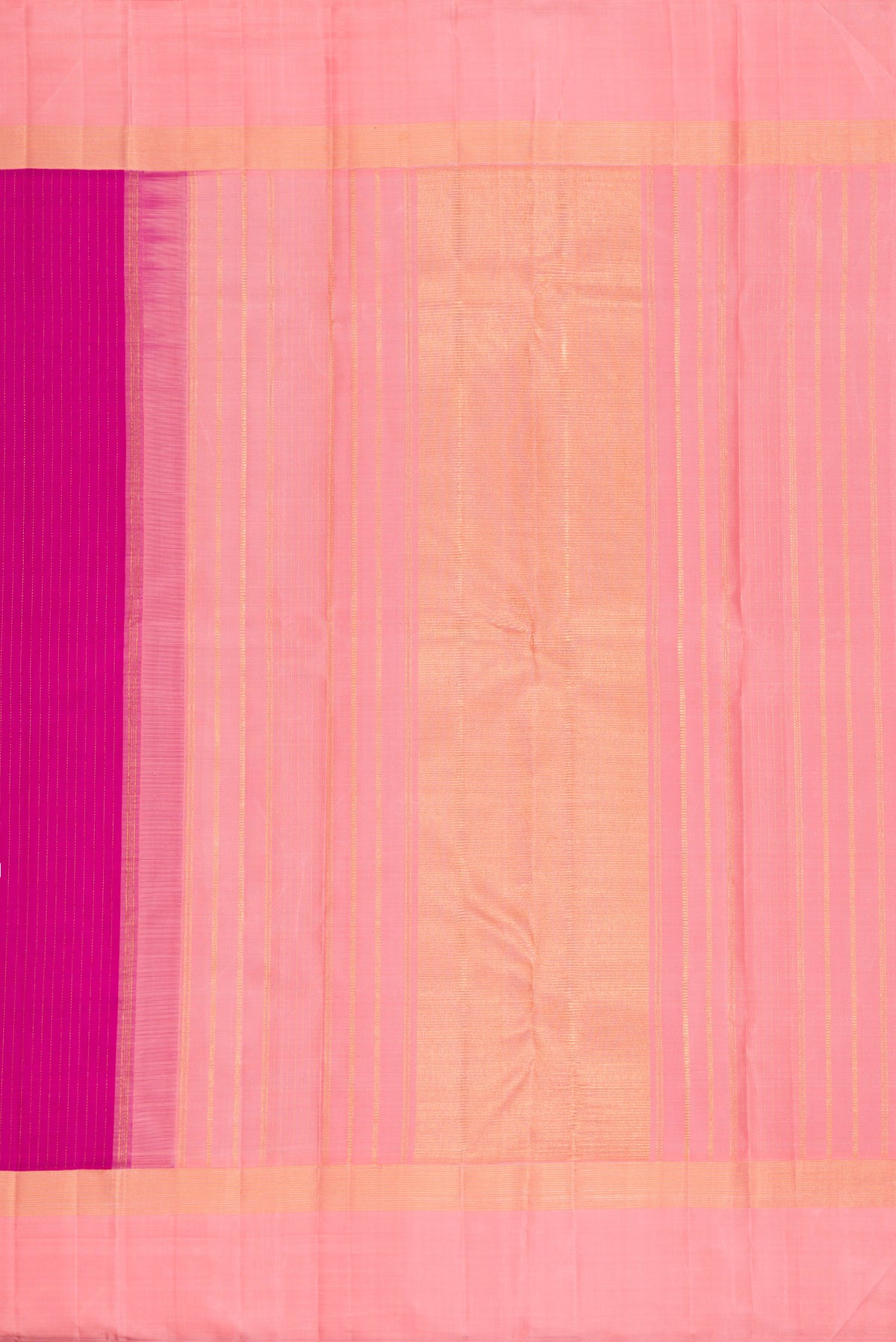 Close up image of the pallu of Purple Dual Tone Kanjivaram Silk Saree with Stripes on the body and Zari Border. 