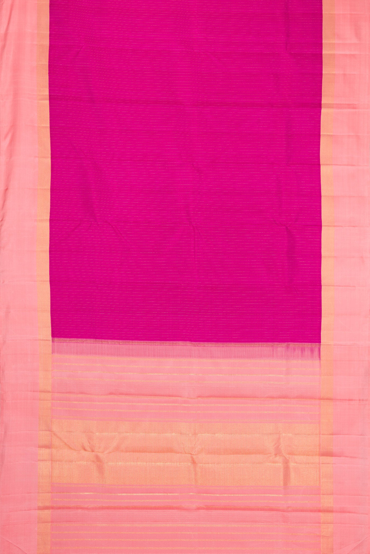 Flat view of Purple Dual Tone Kanjivaram Silk Saree with Stripes on the body and Zari Border. 