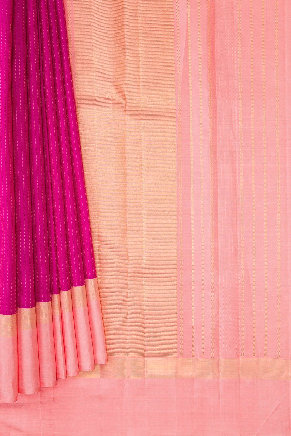 Pleats and pallu of Purple Dual Tone Kanjivaram Silk Saree with Stripes on the body and Zari Border. 