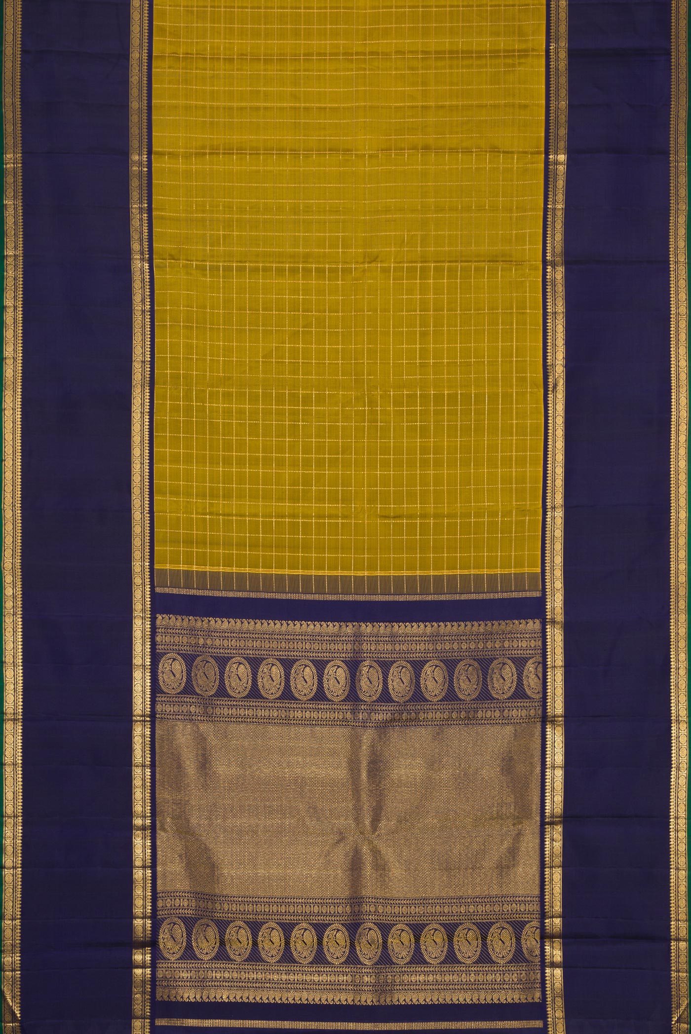 Flat view of Mehandi Green Dual Tone Kanjivaram Silk Saree with Checked design on the body and Zari Border. 