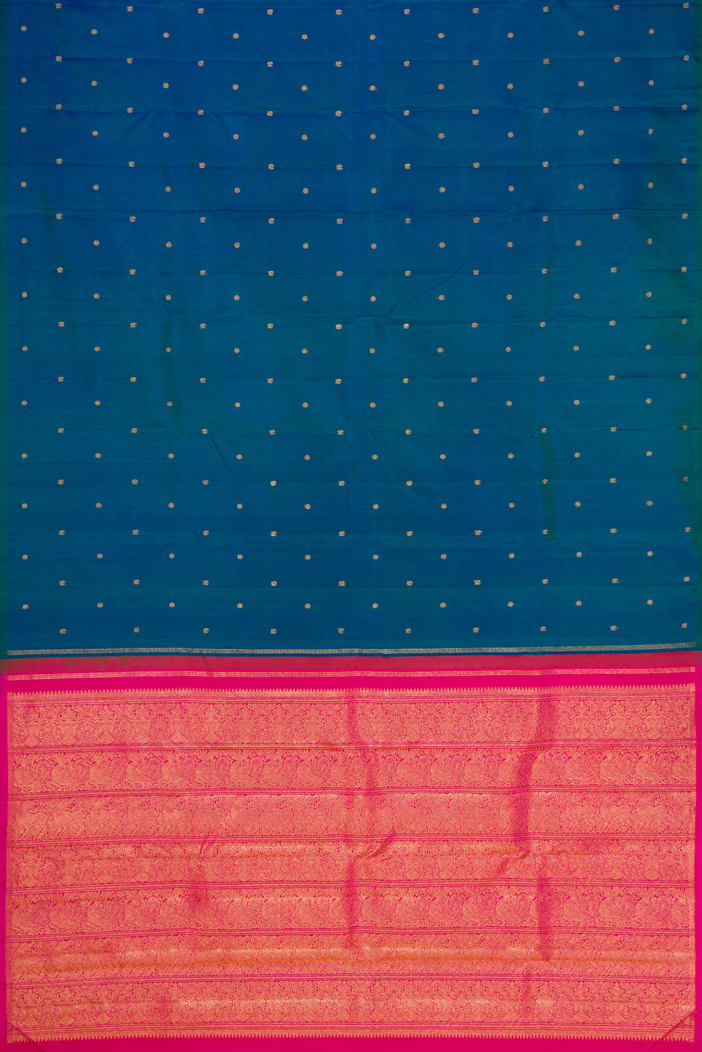 Flat view of Peacock Blue Dual Tone Kanjivaram Silk Saree with Zari Butta on the body and Without Border. 