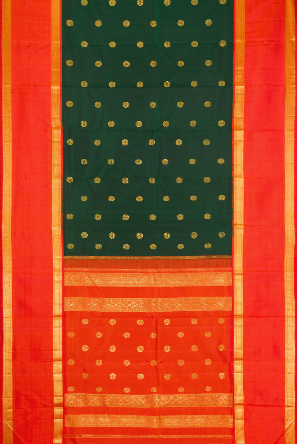 Flat view of Bottle Green Dual Tone Kanchipuram Silk Saree with Zari Butta on the body and Zari Border. 