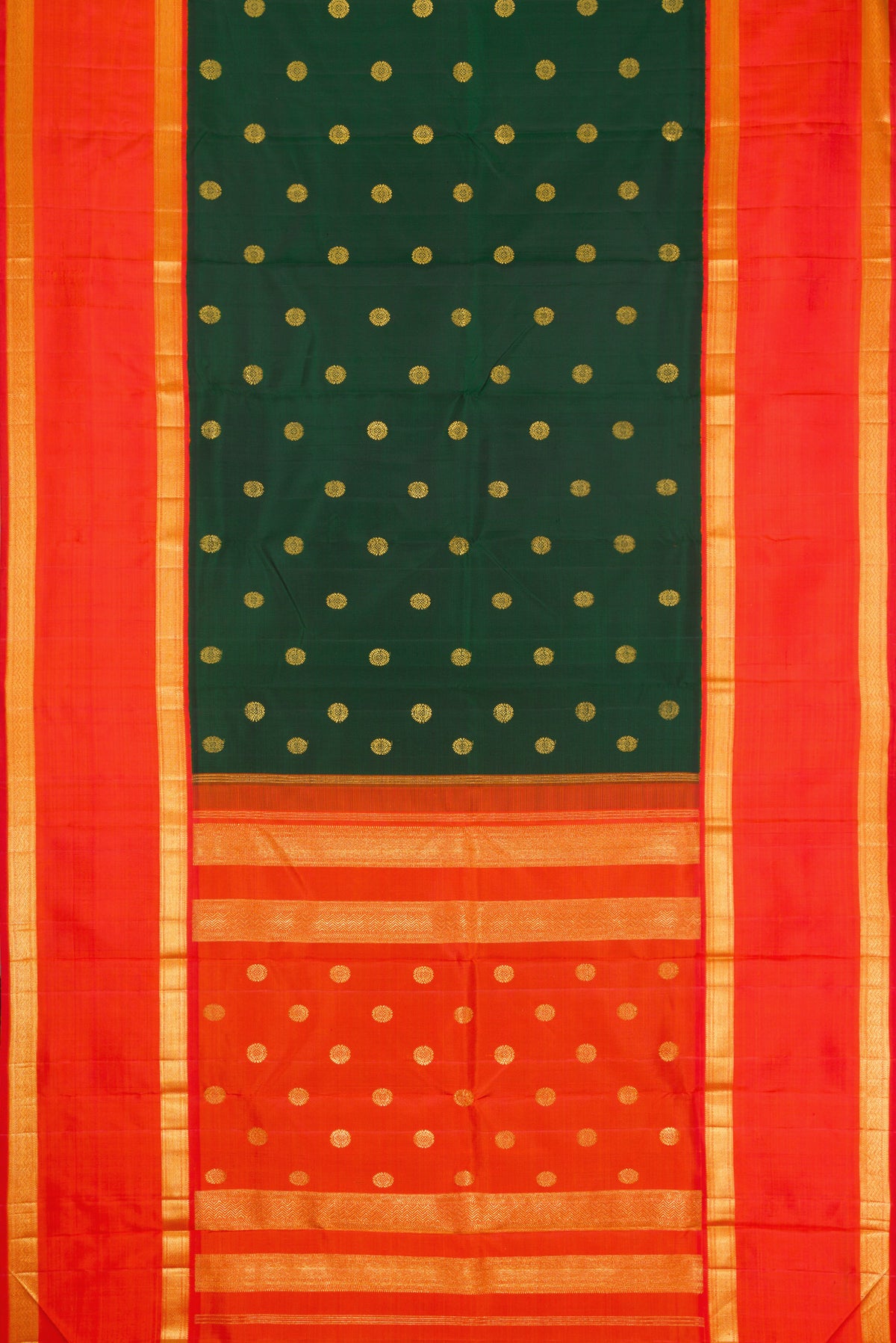 Flat view of Bottle Green Dual Tone Kanchipuram Silk Saree with Zari Butta on the body and Zari Border. 
